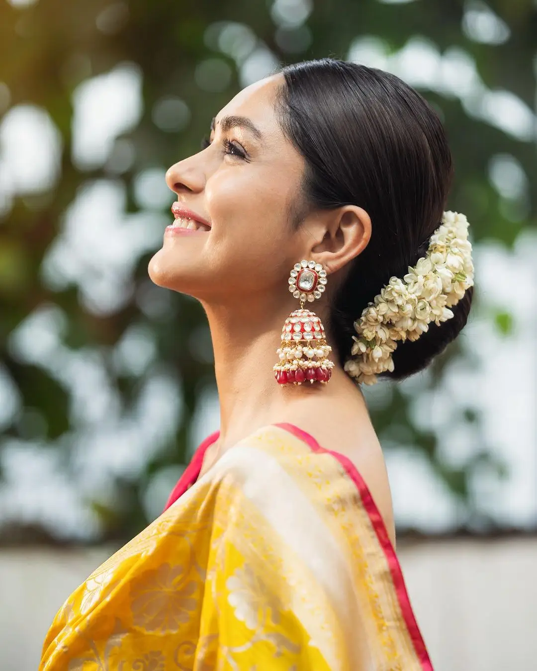 Mrunal Thakur Wearing Beautiful Earrings Yellow Saree Red Blouse